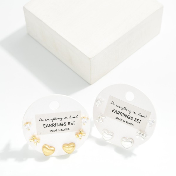 Do Everything In Love Set Of Three Heart & Bow Stud Earrings 

- Approximately .25" L