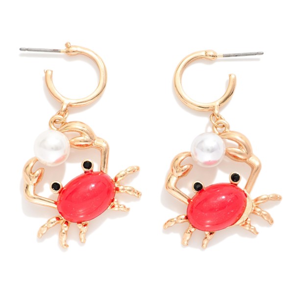 Metal Tone & Acetate Crab Drop Hoop Earrings With Pearl Detail 

- Approximately 1.75" L