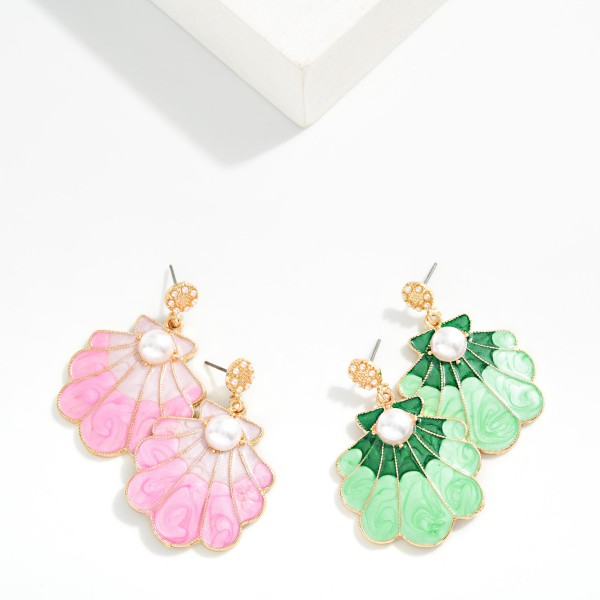 Marble Acetate Shell Drop Earring Featuring Pearls 

- Approximately 1.75" L 