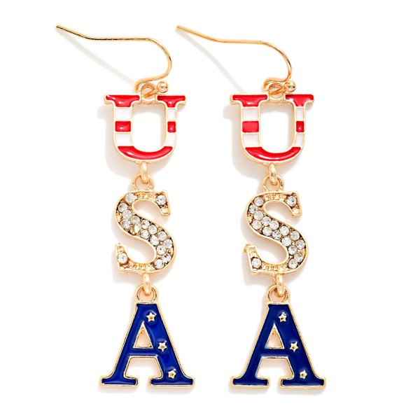 Linked Enamel "USA" Drop Earrings 

- Approximately 2" L