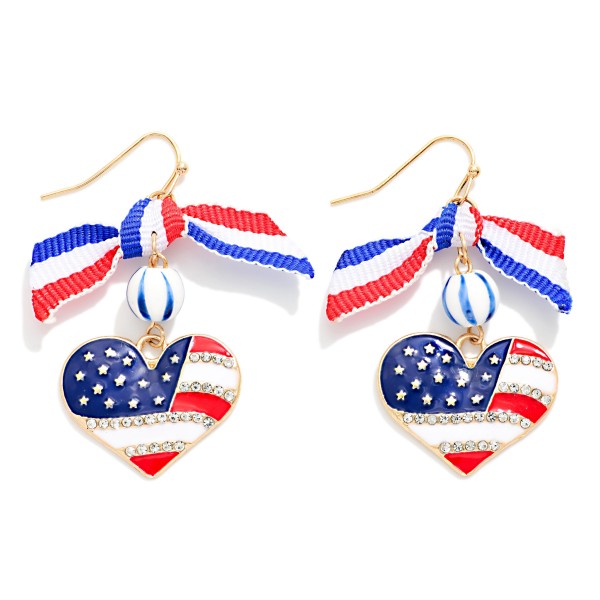 Americana Bow & Enamel Heart Flag Drop Earrings

- Approximately 2" L 