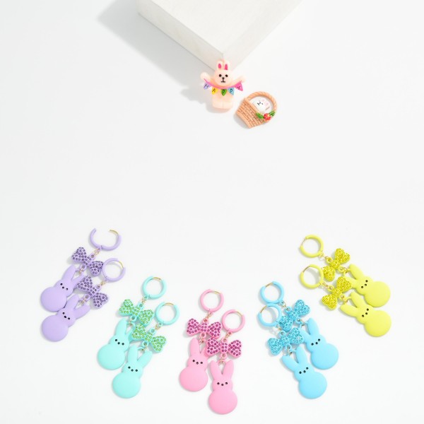 Clay Easter Bunny & Rhinestone Studded Bow Drop Earrings 

- Approximately 2.5" L
