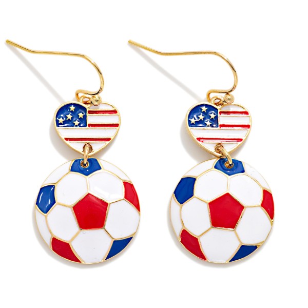 Enamel Americana Heart & Soccer Ball Drop Earrings 

- Approximately 1.25" L