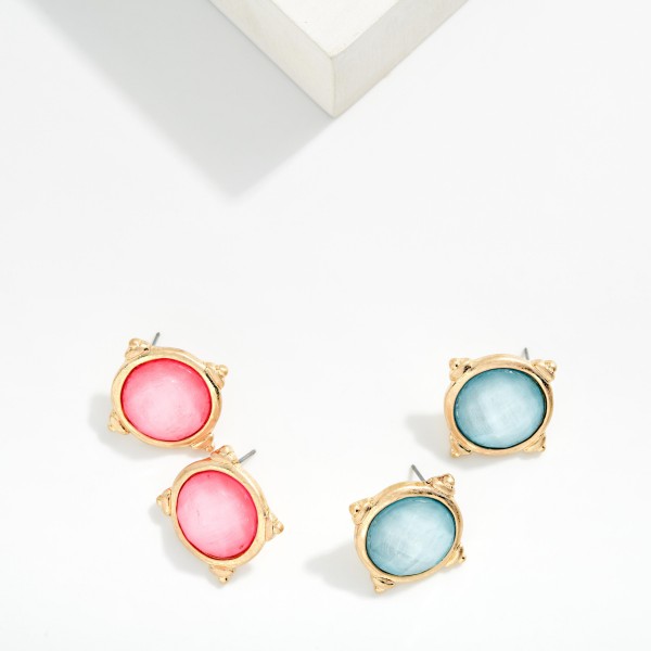 Metal Tone & Resin Circle Post Drop Earrings 

- Approximately 1" L