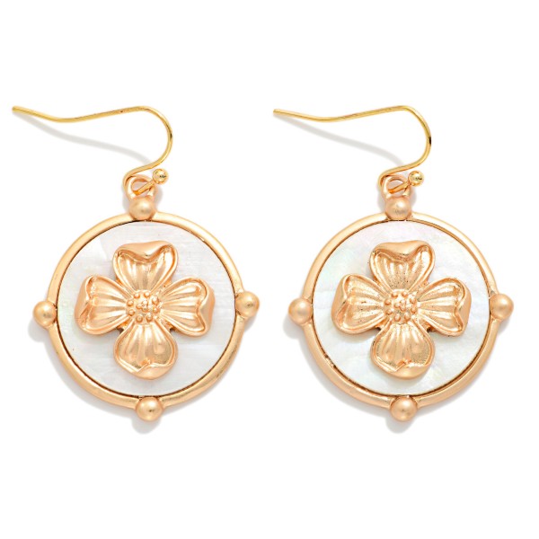 Pearlescent Medallion Drop Earrings Featuring Metal Tone Flower Detail 

- Approximately 1.25" L