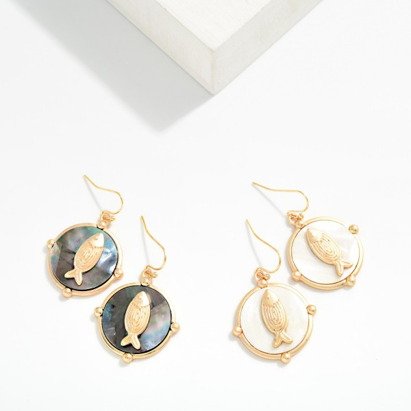Pearlescent Circle & Gold Tone Fish Drop Earrings 

- Approximately 1" L