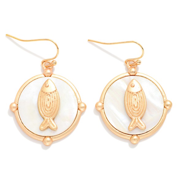 Pearlescent Circle & Gold Tone Fish Drop Earrings 

- Approximately 1" L