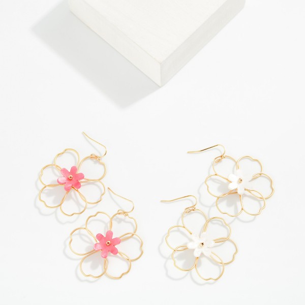 Wire & Acetate Flower Drop Earrings 

- Approximately 2" L