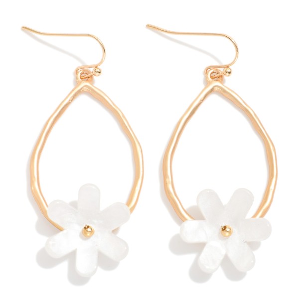 Hammered Teardrop Drop Earrings Featuring Acetate Flower 

- Approximately 2" L