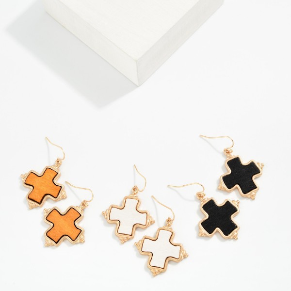 Wood & Metal Tone Plus Cross Earrings 

- Approximately 1.5" L