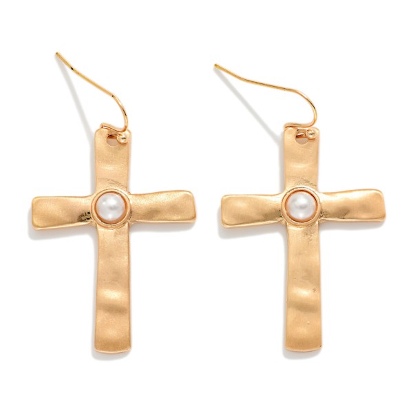 Hammered Metal Cross Drop Earrings With Pearl Detail 

- Approximately 2" L