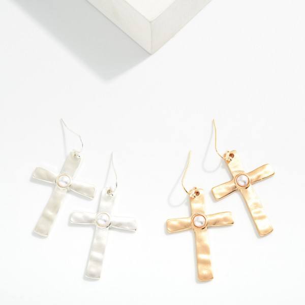 Hammered Metal Cross Drop Earrings With Pearl Detail 

- Approximately 2" L