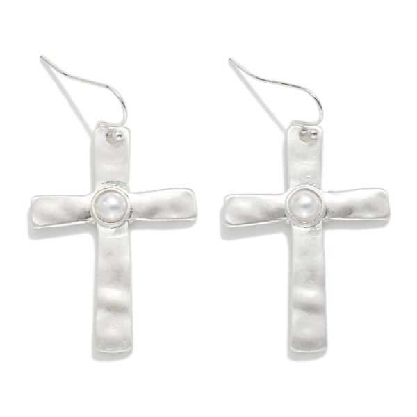 Hammered Metal Cross Drop Earrings With Pearl Detail 

- Approximately 2" L