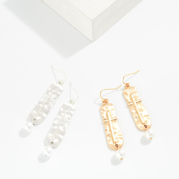 3-D Metal Cross & Pearl Drop Earrings 

- Approximately 2" L
