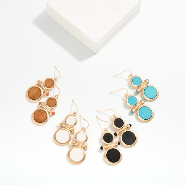 Stacked Wood Circle & Metal Tone Bar Drop Earrings 

- Approximately 1.75" L