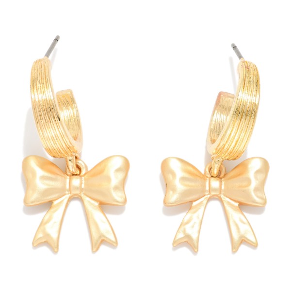 Ribbed Metal Tone Hoop & Bow Drop Earrings 

- Approximately 1.5" L