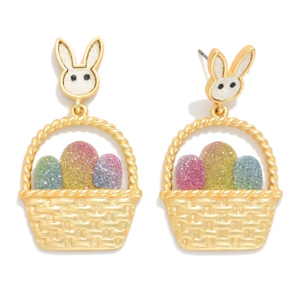Metal Tone & Glitter Easter Bunny & Basket Drop Earrings 

- Approximately 2" L


