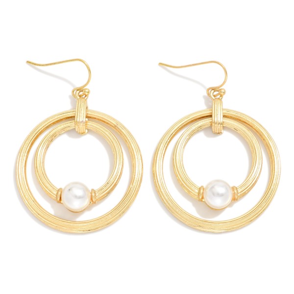 Ribbed Nesting Metal Tone Hoops Post Drop Earrings With Pearl Detail 

- Approximately 2" L
