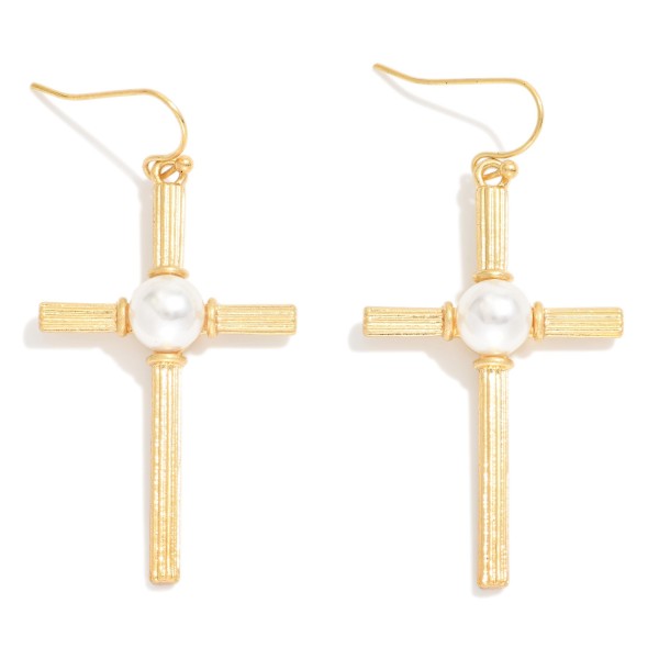 Ribbed Metal Cross Cross Drop Earrings With Pearl Detail 

- Approximately 2" L