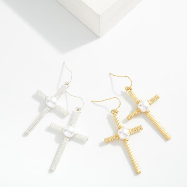 Ribbed Metal Cross Cross Drop Earrings With Pearl Detail 

- Approximately 2" L