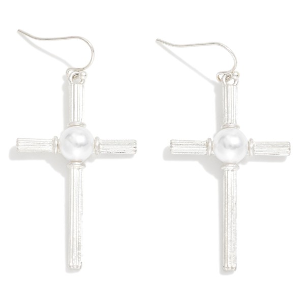 Ribbed Metal Cross Cross Drop Earrings With Pearl Detail 

- Approximately 2" L