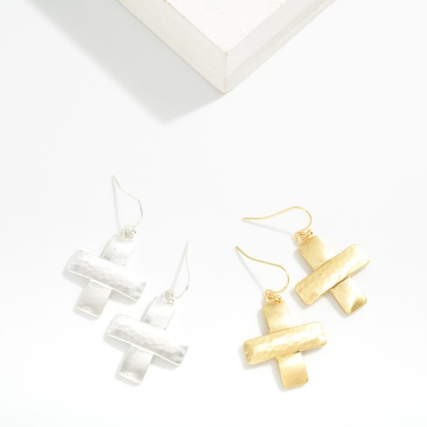 Overlapping Hammered Metal Plus Cross Drop Earrings 

- Approximately 1" L