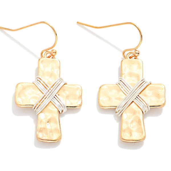 Wire Wrapped Hammered Metal Cross Drop Earrings 

- Approximately 1" L