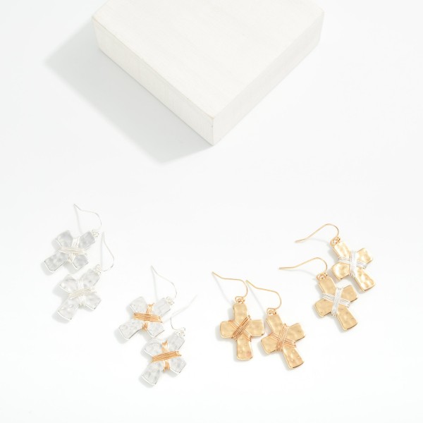 Wire Wrapped Hammered Metal Cross Drop Earrings 

- Approximately 1" L