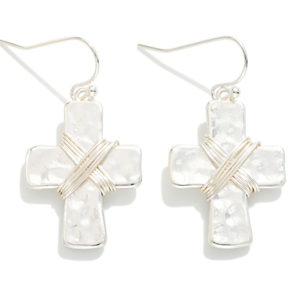 Wire Wrapped Hammered Metal Cross Drop Earrings 

- Approximately 1" L