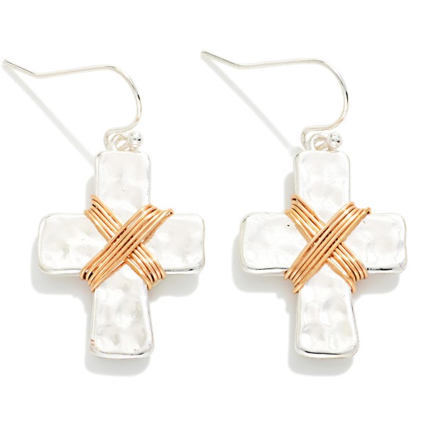 Wire Wrapped Hammered Metal Cross Drop Earrings 

- Approximately 1" L