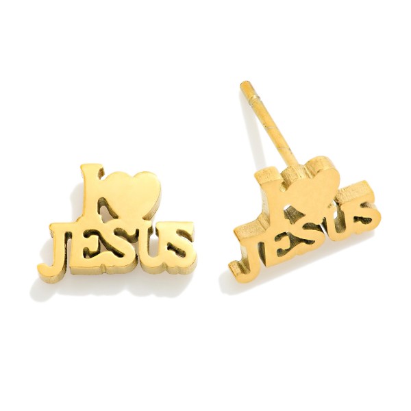 Metal Tone "I Love Jesus" Stud Earrings 

- Stainless Steel 
- Approximately .25" L