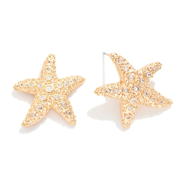Textured Metal Starfish Post Drop Earrings Featuring Rhinestone Details 

- Approximately 1" L