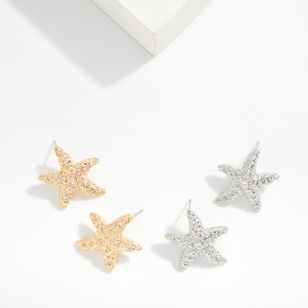 Textured Metal Starfish Post Drop Earrings Featuring Rhinestone Details 

- Approximately 1" L