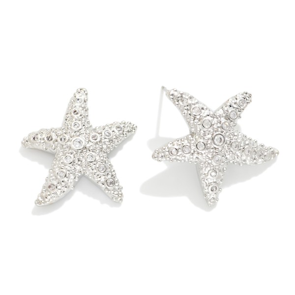 Textured Metal Starfish Post Drop Earrings Featuring Rhinestone Details 

- Approximately 1" L