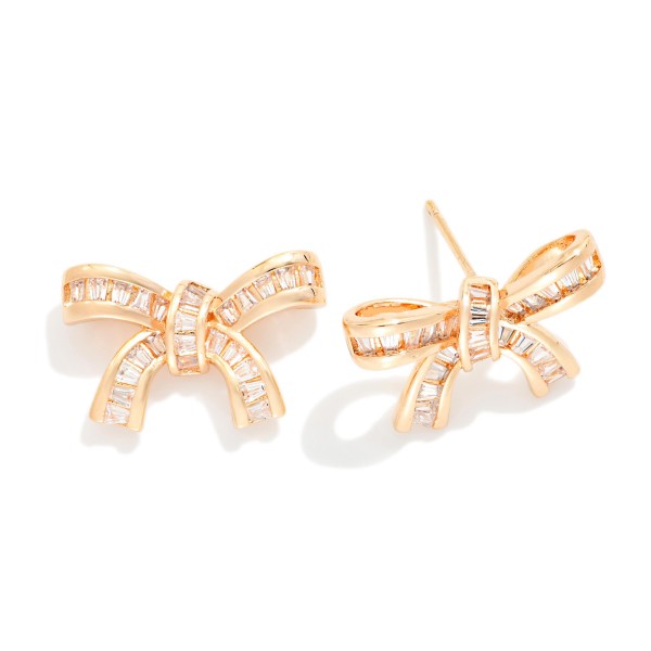 Baguette Rhinestone Studded Bow Stud Earrings 

- Approximately .5" L 