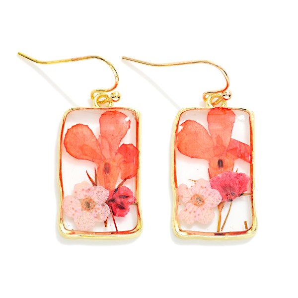 Rectangle Resin Flower Drop Earrings 

- Approximately 1" L
