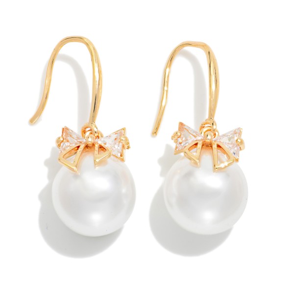Pearl & Rhinestone Bow Drop Earrings 

- Approximately 1" L
