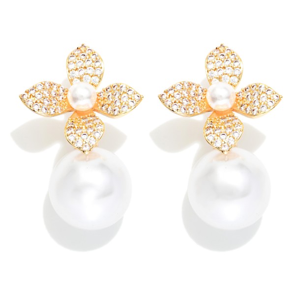 Rhinestone Flower & Pearl Post Drop Earrings 

- Approximately 1" L