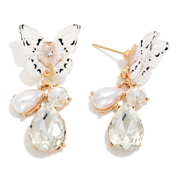Resin Butterfly Drop Earrings Featuring Rhinestone & Pearl Dangle Details 

- Approximately 1.5" L