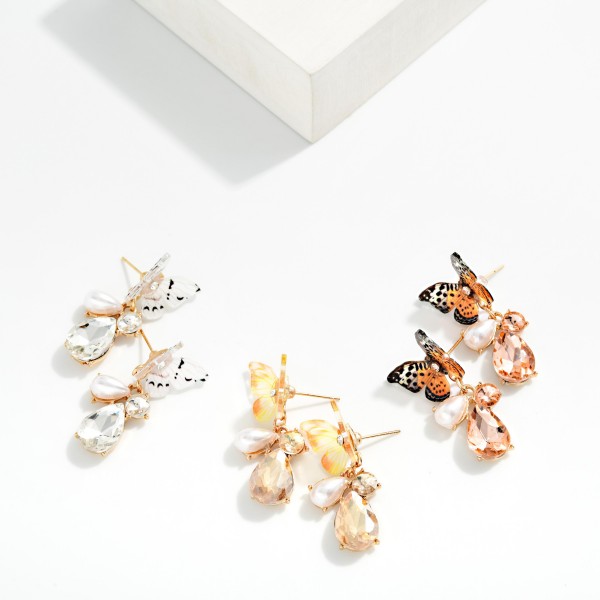 Resin Butterfly Drop Earrings Featuring Rhinestone & Pearl Dangle Details 

- Approximately 1.5" L