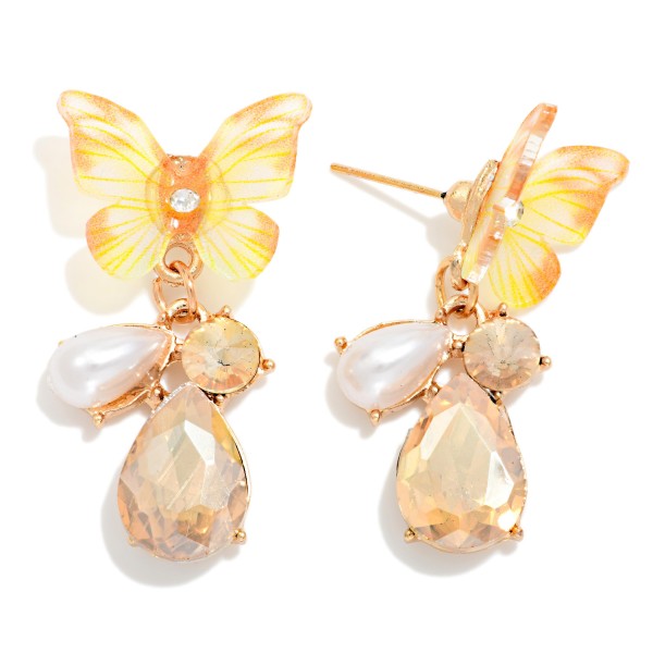 Resin Butterfly Drop Earrings Featuring Rhinestone & Pearl Dangle Details 

- Approximately 1.5" L