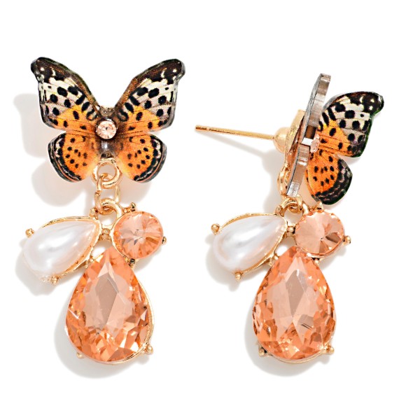 Resin Butterfly Drop Earrings Featuring Rhinestone & Pearl Dangle Details 

- Approximately 1.5" L