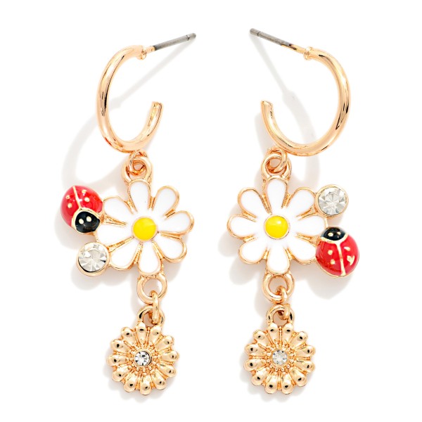 Linked Enamel & Metal Tone Flower Drop Hoop Earrings With Ladybug Detail 

- Approximately 1.75" L