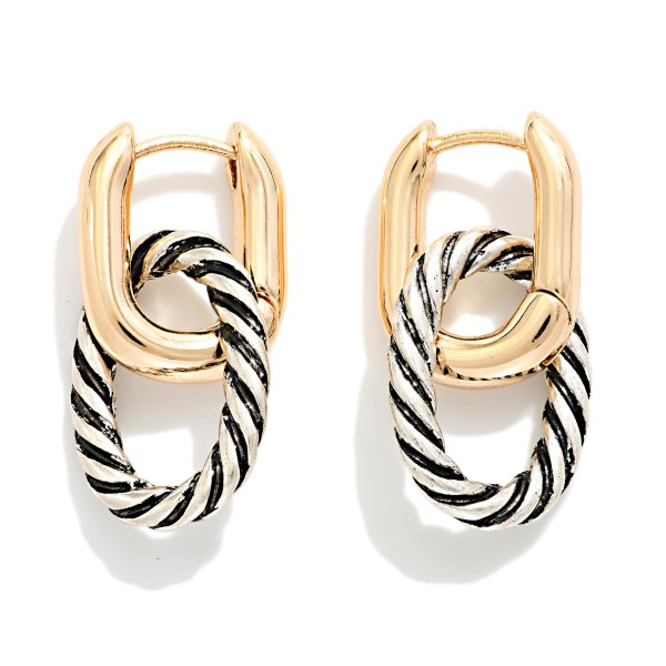 Linked Twisted Metal & Gold Tone Oval Hoops Post Drop Earrings 

- Approximately .75" L