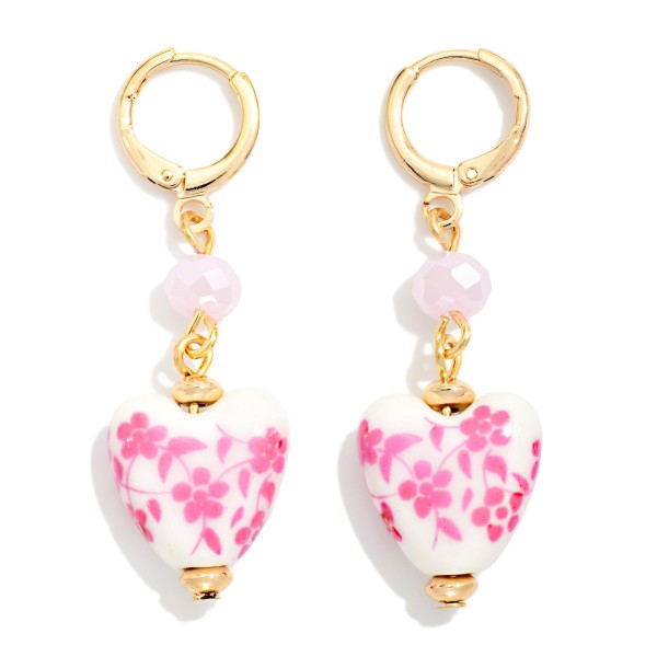 Metal Tone Hoop & Porcelain Flower Heart Drop Earrings 

- Approximately 1.75" L