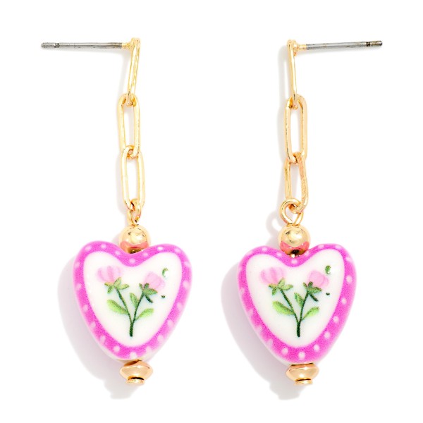 Chain Link & Porcelain Flower Heart Drop Earrings 

- Approximately 2" L

