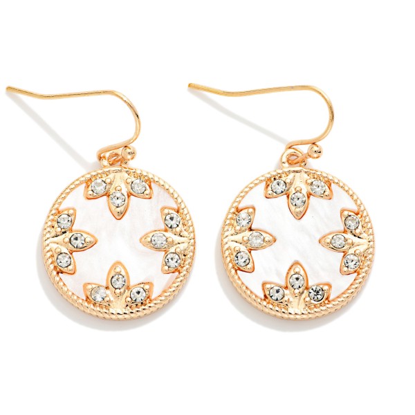 Pearlescent Circle & Rhinestone Leaf Drop Earrings 

- Approximately 1" L