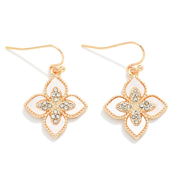 Pearlescent & Rhinestone Clover Drop Earrings 

- Approximately 1" L