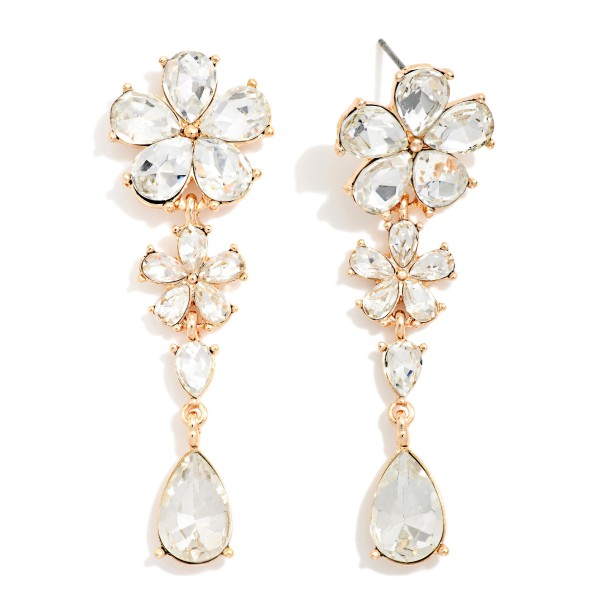 Linked Rhinestone Flowers & Teardrop Post Drop Earrings 

- Approximately 2" L