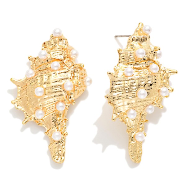 Large Metal Tone & Pearl Murex Shell Post Drop Earrings 

- Approximately 1.75" L